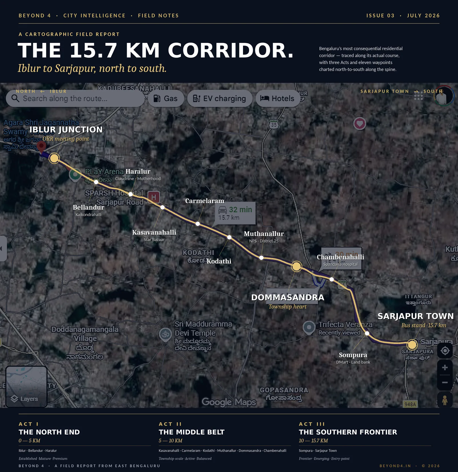 Editorial cartographic map of Sarjapur Road from Iblur to Sarjapur Town, marking the three Acts and eleven waypoints